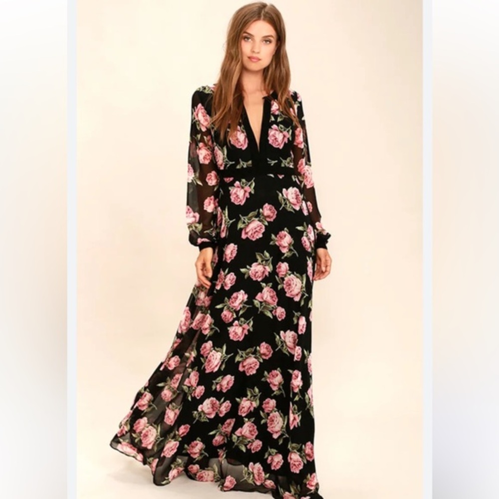 NWOT Lulus | Heritage Rose Black Floral Print Maxi Dress